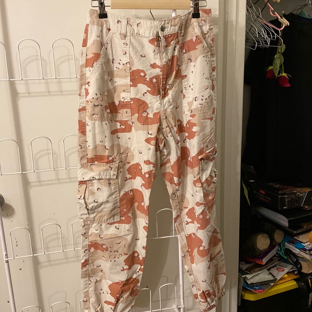 Pink and cream high waisted cargo pants